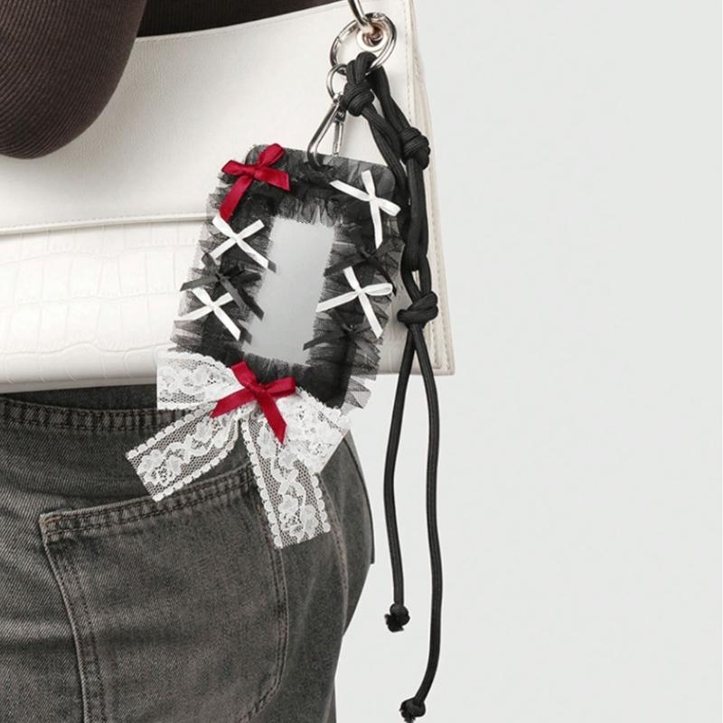 Elegant Badge Holder Gothic Bowknot Keychain Beaded Lace Card Charm Accessory Alternative Fashion Keyring