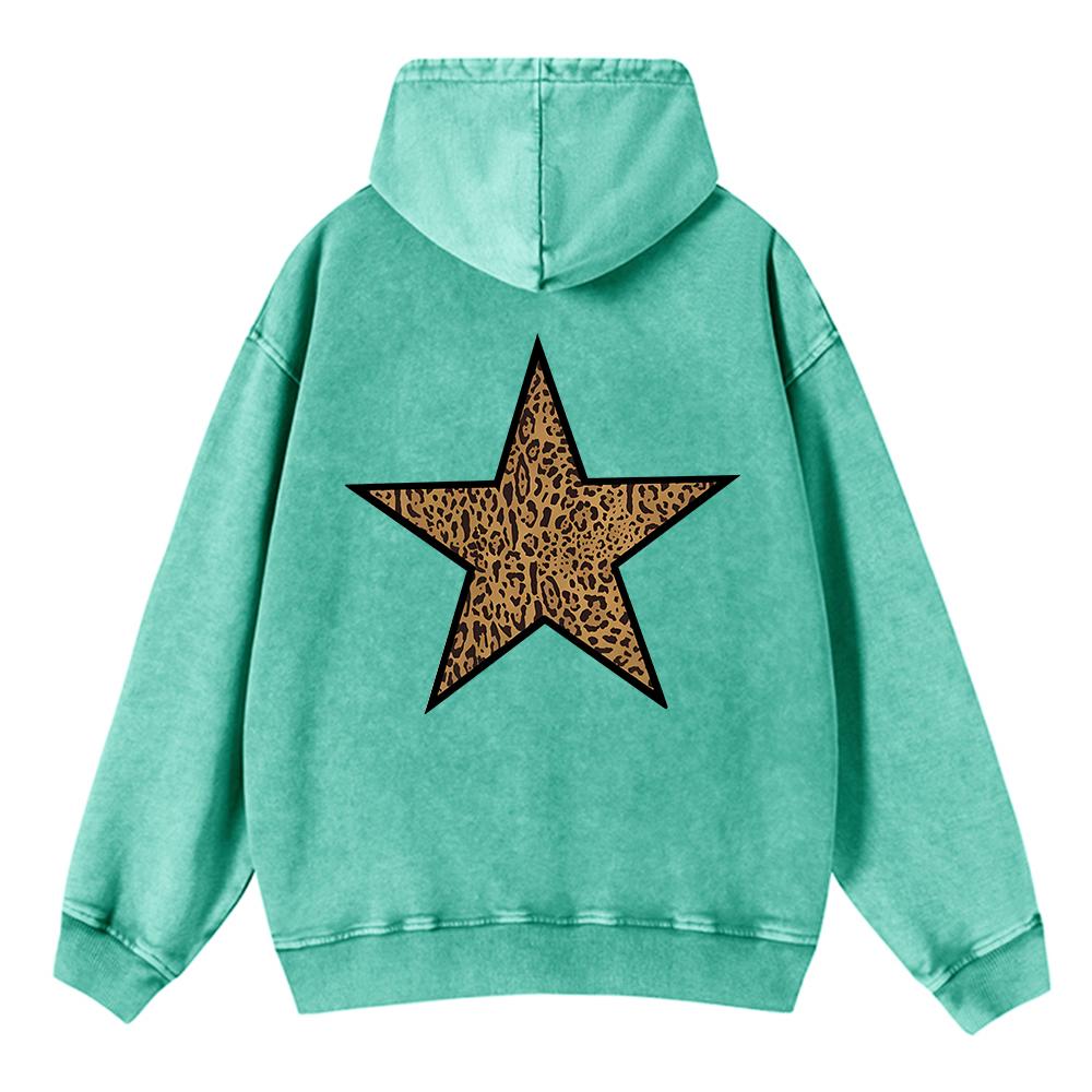 Vintage Womens Acid Wash Hoodies Leopard Pentagram Printing Pullovers Pocket Oversize Cotton Sweatshirts Clothes