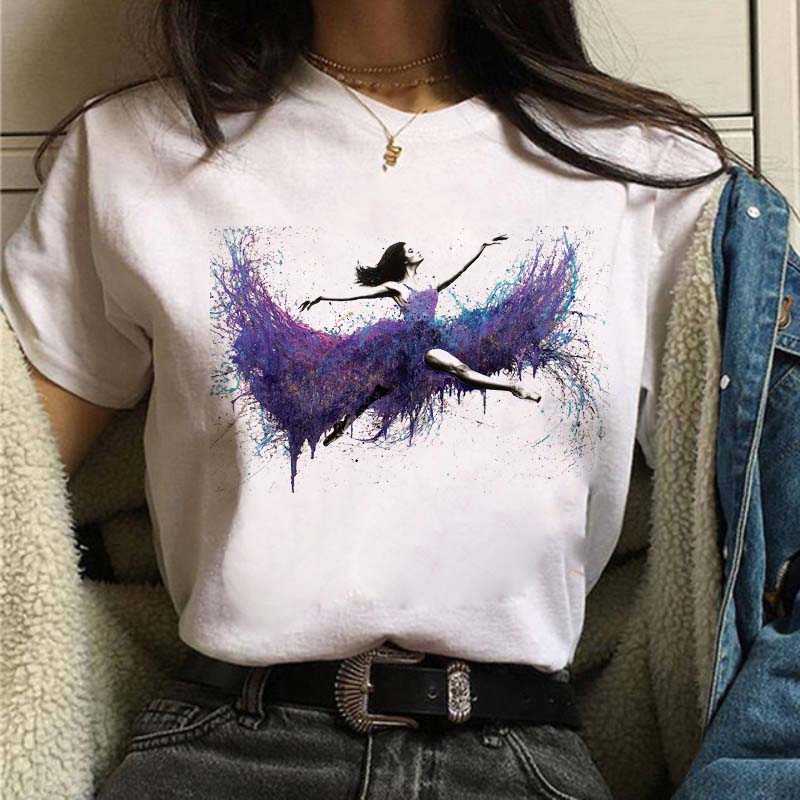 New Watercolor Ballet Dancer Print Women's T-shirt Casual Dance Ballet Round Neck Summer Outfit Harajuku Retro Top