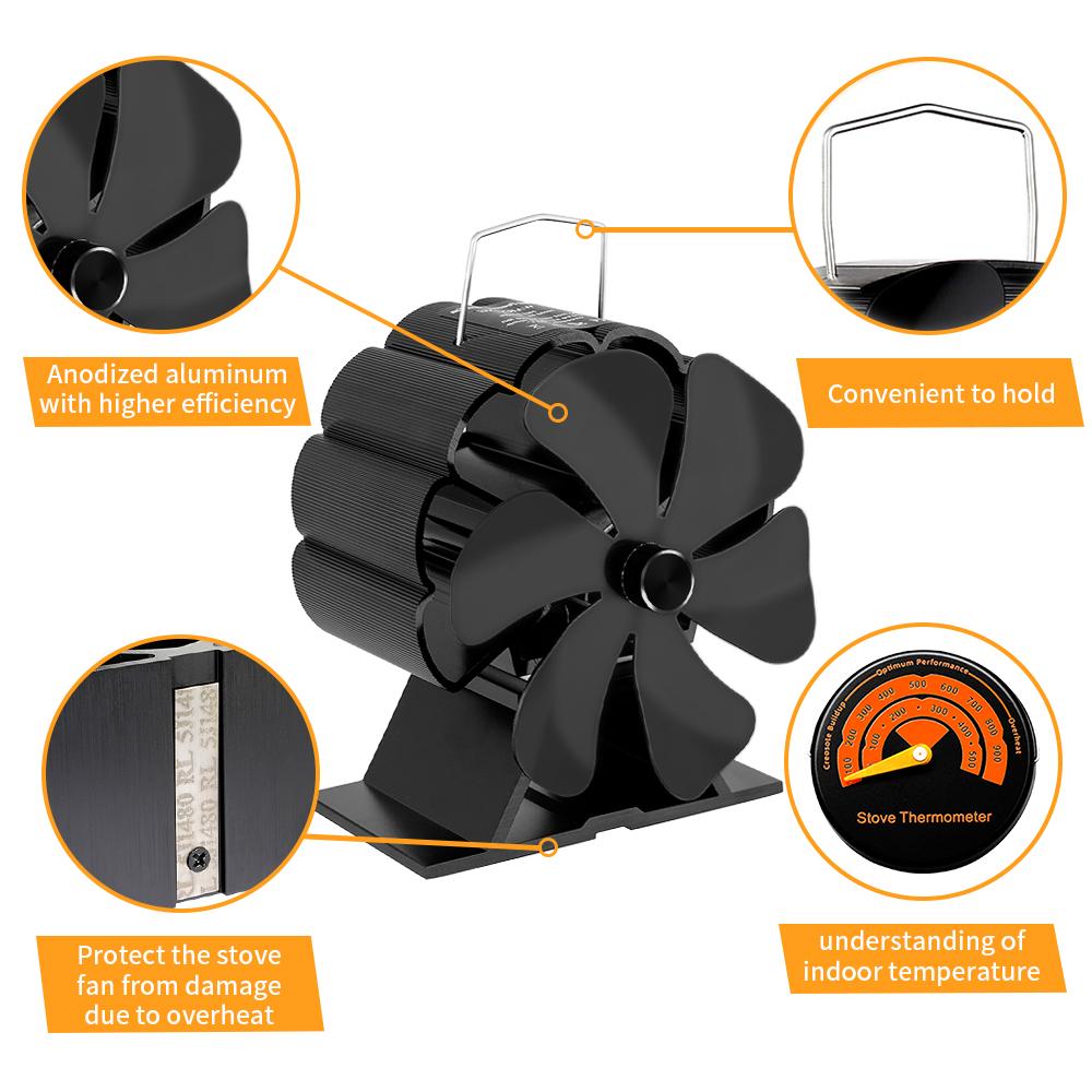 6 Blades Heat Powered Stove Fan Mini Black Fireplace Fan Komin Log Wood Burner Eco Quiet Fan Home Efficient Heat Distribution