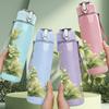 1PC Soft Green Fern Leaf Foliage Print 750ml Color Plastic Sports Water Bottle Leakproof Flip Straw Lid Suitable for Sports Office Home Use