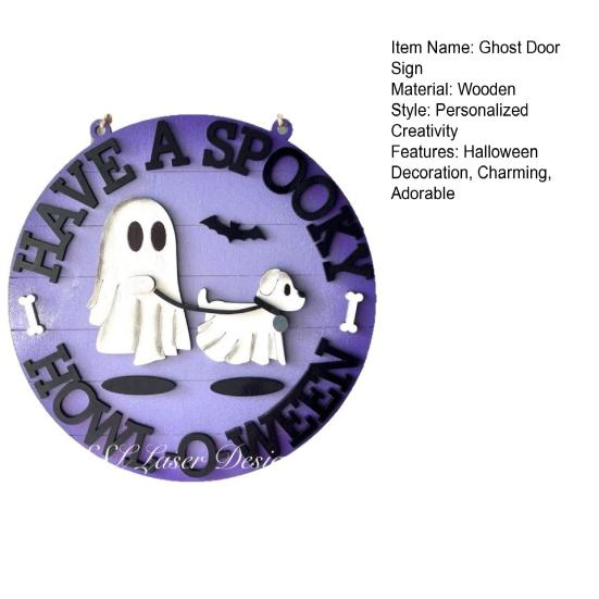 Halloween Ghost Walking Dog Door Sign Wooden Ghost Dog Hanging Doorplate for Front Porch Wall Indoor Outdoor Decor