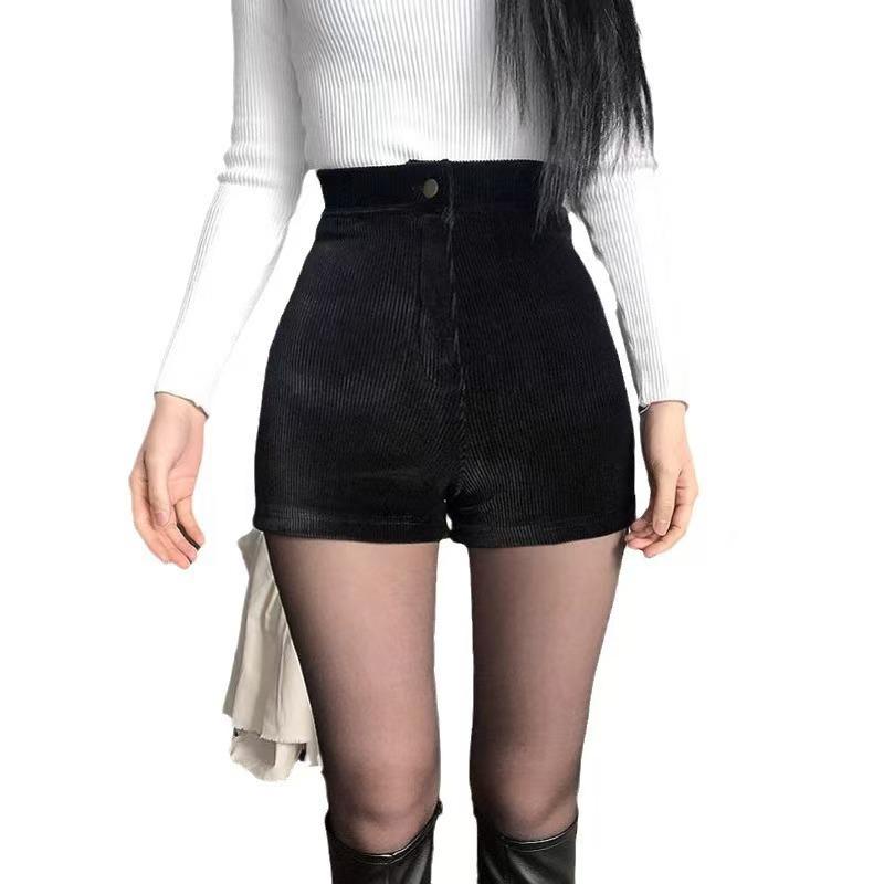 Black Fleece-Lined High Waist Corduroy Shorts - Women's Autumn/Winter Casual Booty Hot Pants