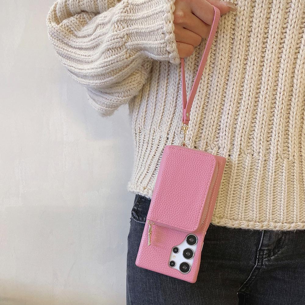 For Samsung Galaxy S25 Ultra Case Zipper Card Slots PU Leather Phone Back Cover with Wrist Strap