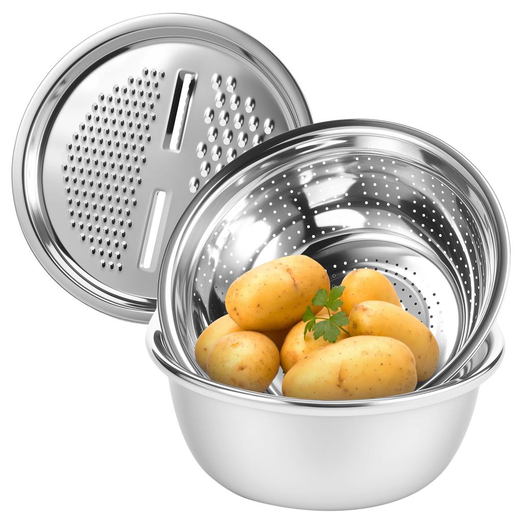 3Pcs Stainless Steel Basin with Grater Multifunctional Stainless Steel Basin Strainer Set Stackable Fruit Washing Bowl for Home