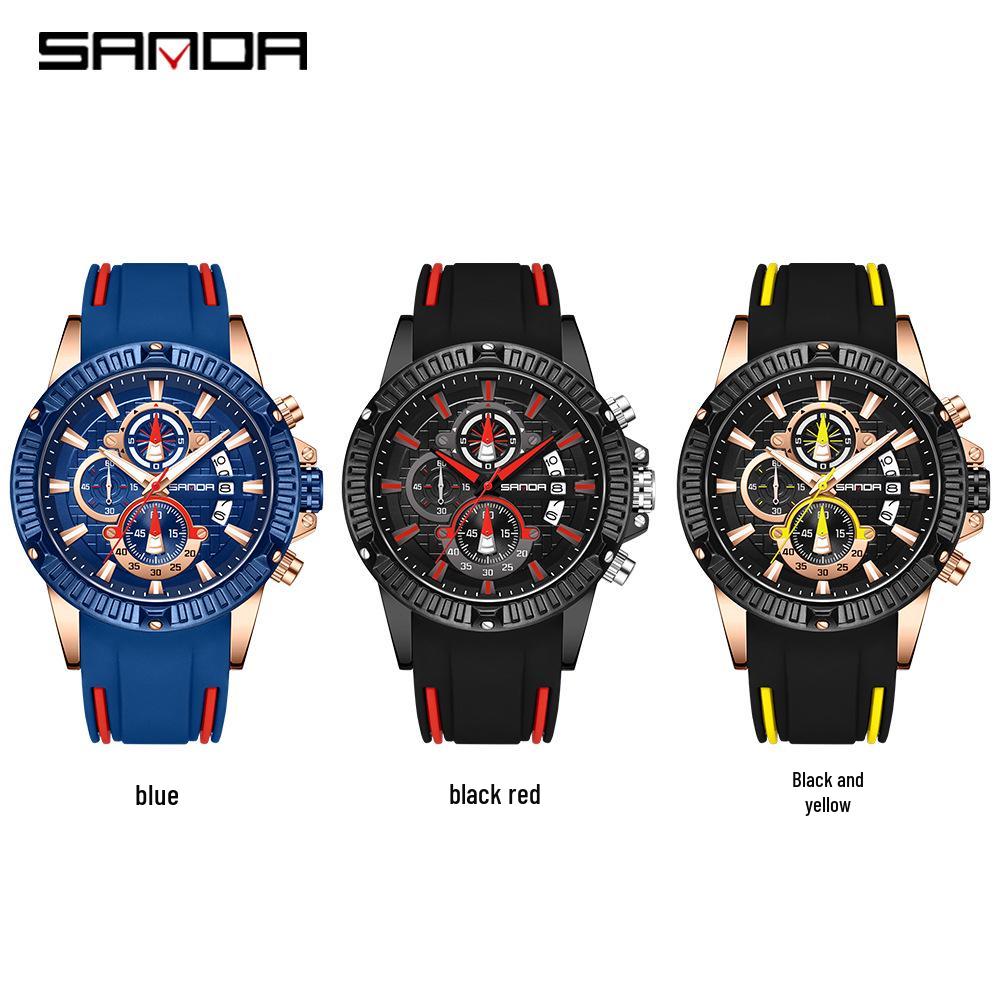 Sanda Men's Classic Quartz Wristwatch with Silicone Band, Three Sub-dials, Calendar & Luminous Markers.