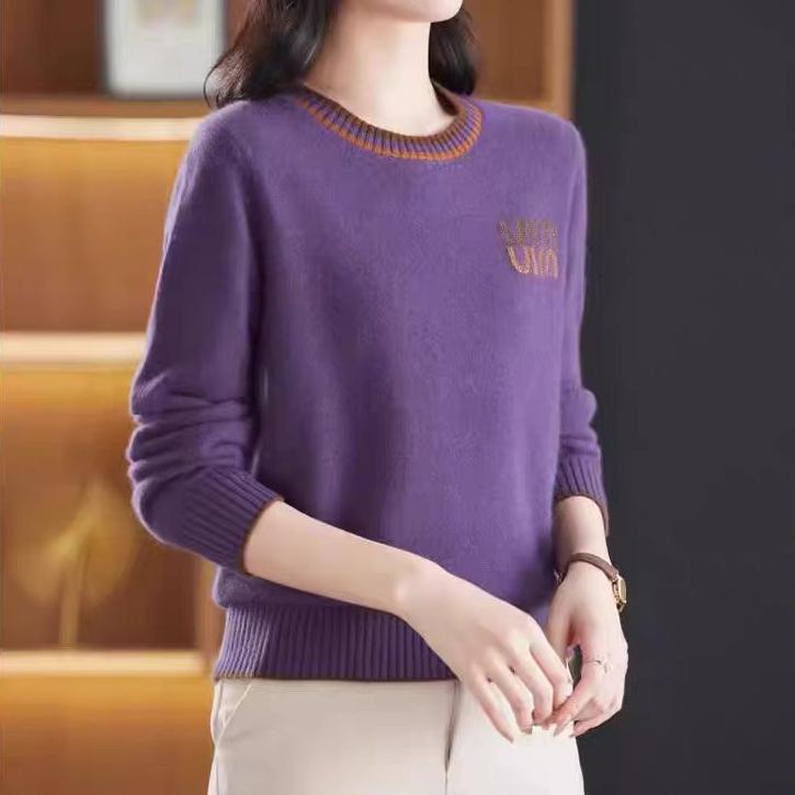 Round-neck Sweater Women's Long-sleeved Knitted Sweater Solid-color Top Loose and Warm Knitted Sweater with Pullover Underneath