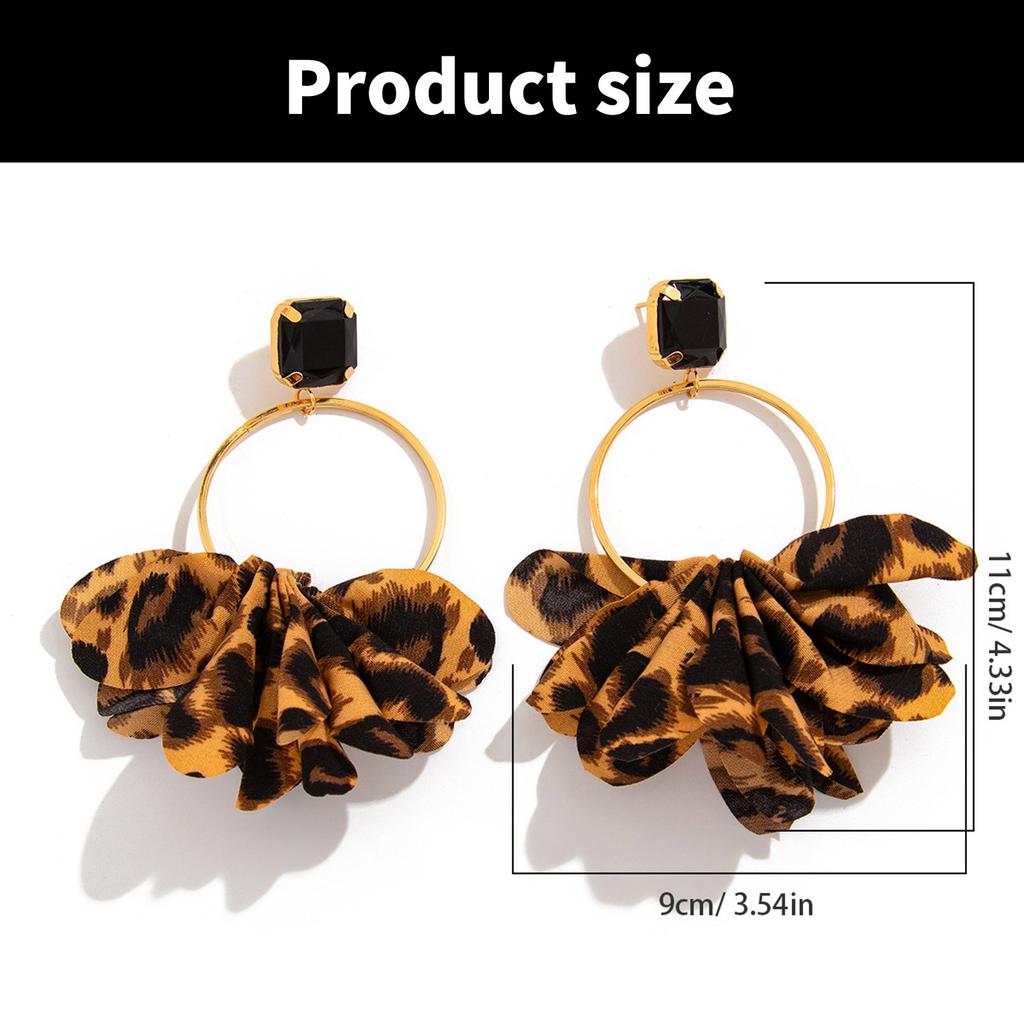 Retro Leopard Print Fabric Earrings for Women Exaggerated Black Geometric Rhinestones Circle Designs Ear Jewelry Gift