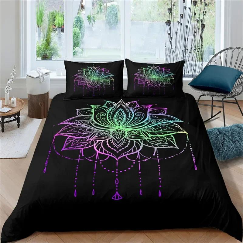 Psychedelic Floral Duvet Cover Microfiber Exotic Lotus Feather Bedding Set Bohemian Mandala Comforter Cover Twin For Girls Teen