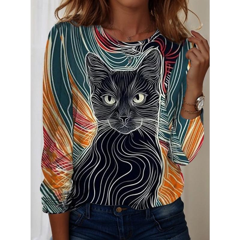 

Женская футболка в полоску с принтом кошки, винтажная, стильная, с длинным рукавом, с круглым вырезом, обычный топ, для повседневной носки, для выхода в свет, для выходных, с принтом, весна 5XL