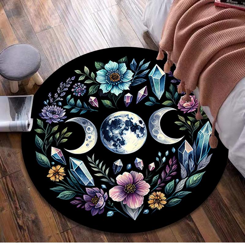 Floral Moon Phase Circular Rug - Office Decorative Carpet For Living Room Bedroom Door Mat Floor Rug Computer Chair Area Rug
