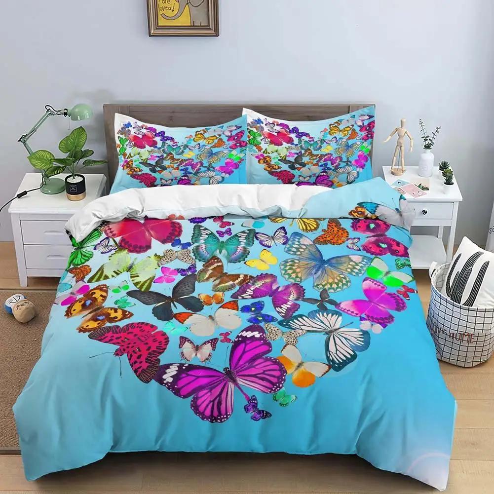 Butterfly Duvet Cover Set Colorful Butterfly Heart Shape Comforter Cover Spring Fresh Style Animal Polyester Bedding Set Girls