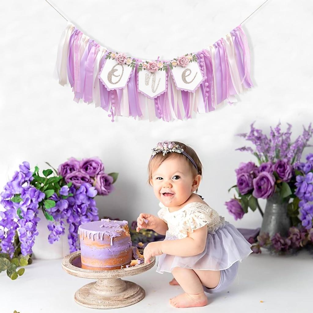 Baby Girl 1st birthday highchair banner -Purple Floral Garland, Purple And Pink First Birthday Decoration, Rose 1st Bday Banner, floral birthday