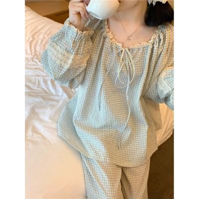 Womens Pajamas Latest Autumn Spring Long Sleeve Soft Sleepwear Kit Grid Cartoon Pyjama Woman Home Nightwear Kit Cardigan