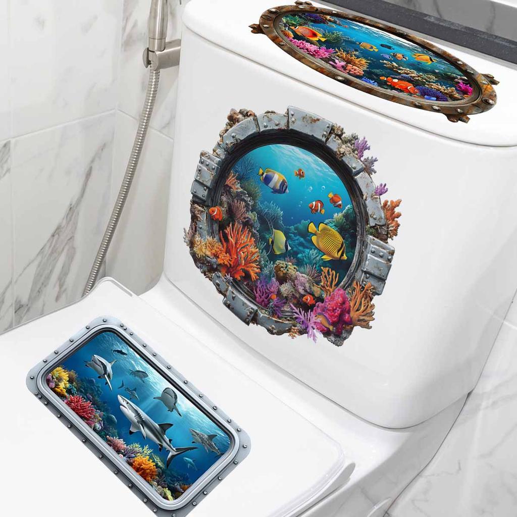 Ocean World Fish Pattern Toilet Sticker Bathroom Decoration Waterproof Toilet Covers Self-adhesive Wall Stickers Waterproof