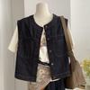 Frühling Herbst Vintage Rundhals Locker Lässig Denim Weste Damen Ärmellos Alleskönner Tasche Tanktop