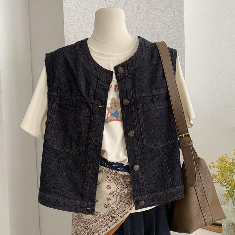 Frühling Herbst Vintage Rundhals Locker Lässig Denim Weste Damen Ärmellos Alleskönner Tasche Tanktop