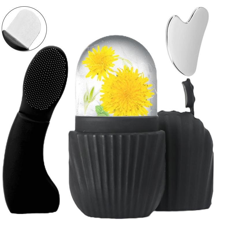3-in-1 Facial Care Tool Kit, Ice Roller Mold, Silicone Cleansing Brush & Stainless Steel Gua Sha Set for Skin Depuffing & Cleansing