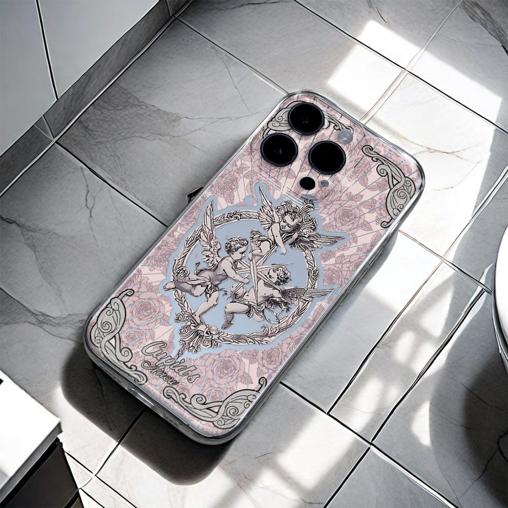Retro European Cupid Angel Aurora Laser Phone Case For iPhone 16 15 14 13 12 11 7 8 X XS Pro Max INS Glitter Lens Protect Cover