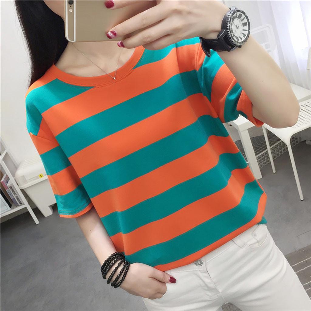 

Women Striped Printed Short Sleeve Blouse Tunic Round Neck Tops Girls T-Shirt L зелёный