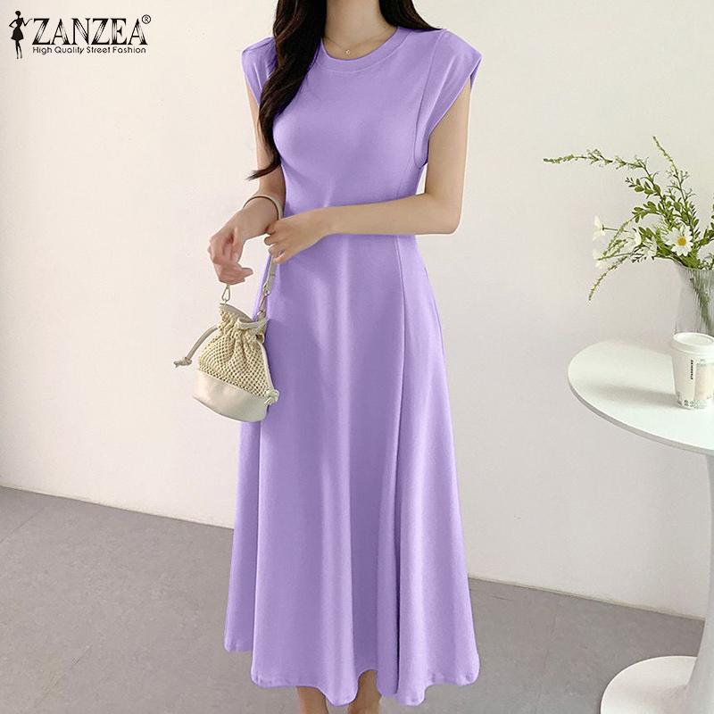 

ZANZEA Женское повседневное летнее длинное платье с коротким рукавом и круглым вырезом