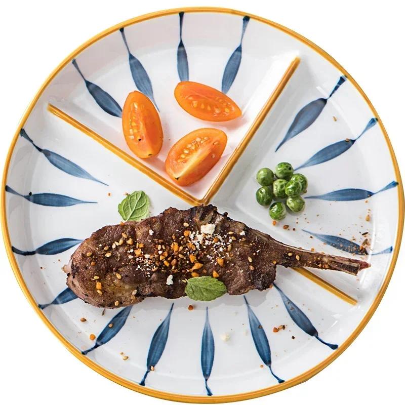 1person Family Breakfast Plate Fat-reducing Quantitative Divider Plates Ceramic Dinner Plate Hand Drawn Three Grid Plates