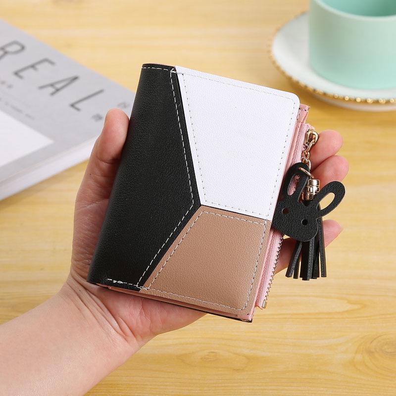 

Wallet Short Women Wallets Zipper Purse Fashion Wallets Coin Purse Card Holder Leather Stitching Contrast Color Tassel Wallet Multi-card Wallet чёрный