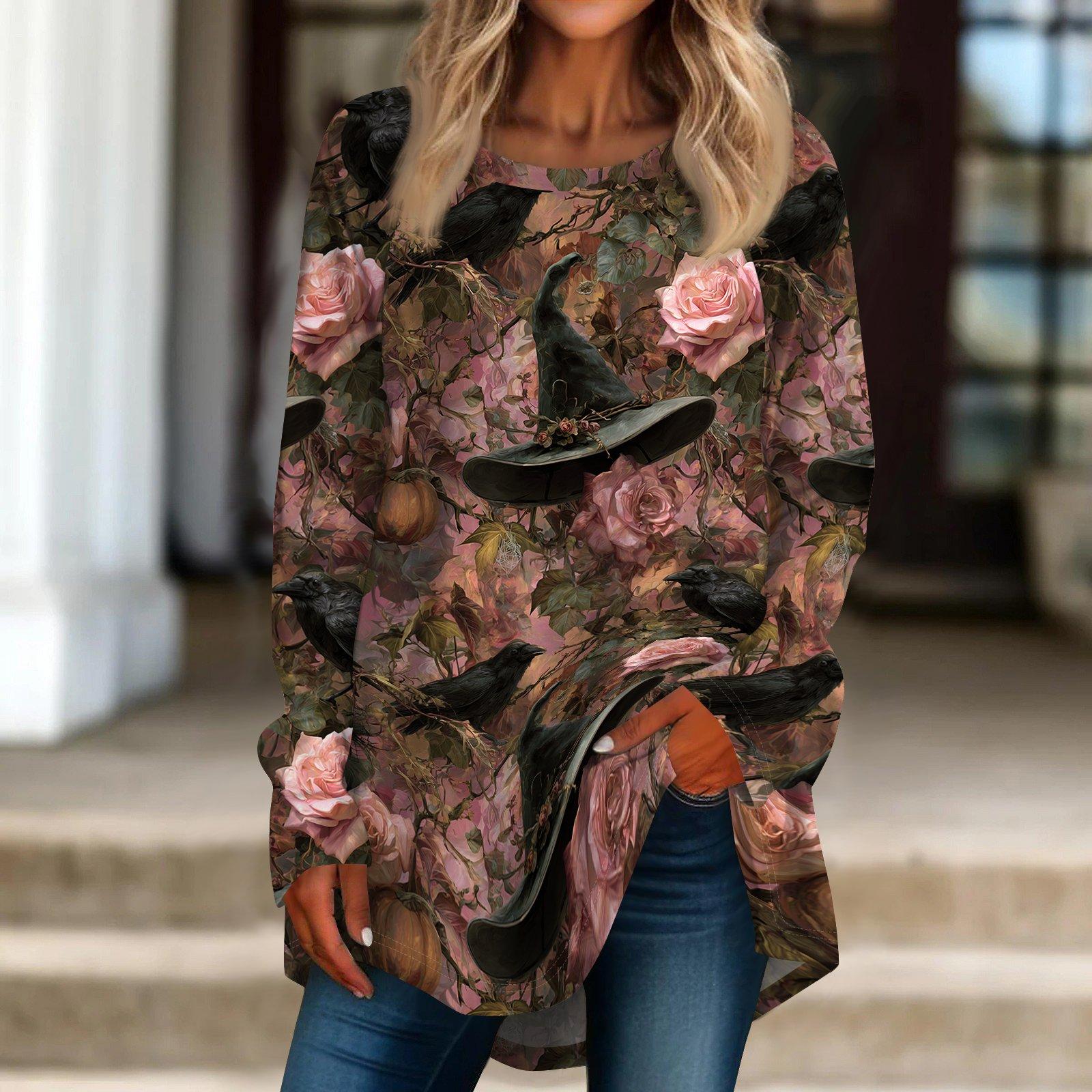 Women s Loose Fit Neck Halloween Print Long Sleeve Tunic Top L