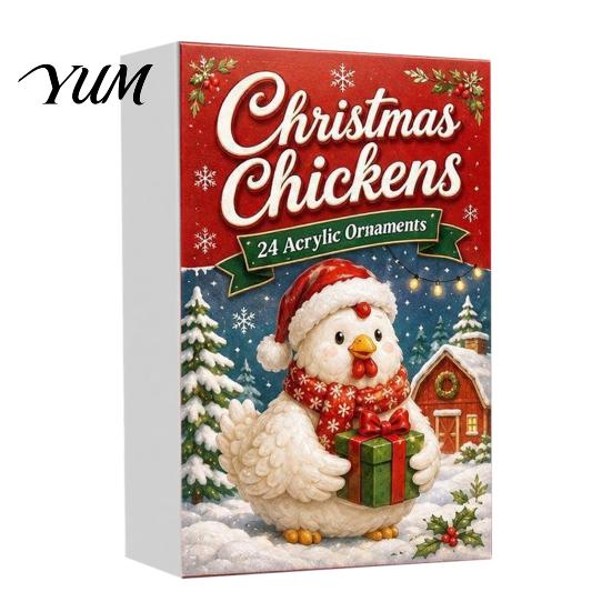 Unique Holiday Gift Box Christmas Chicken Advent Calendar 2026, 24 2D Acrylic Decorative Xmas Pendant Collection Ornaments, Cute Tree Decorations for