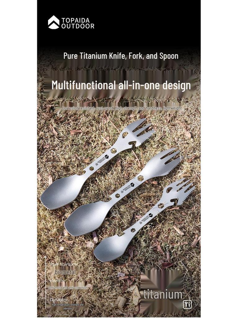Titanium Multi-functional Camping Cutlery: Knife, Fork, Spoon Combo – Lightweight and Portable for Outdoor Adventures