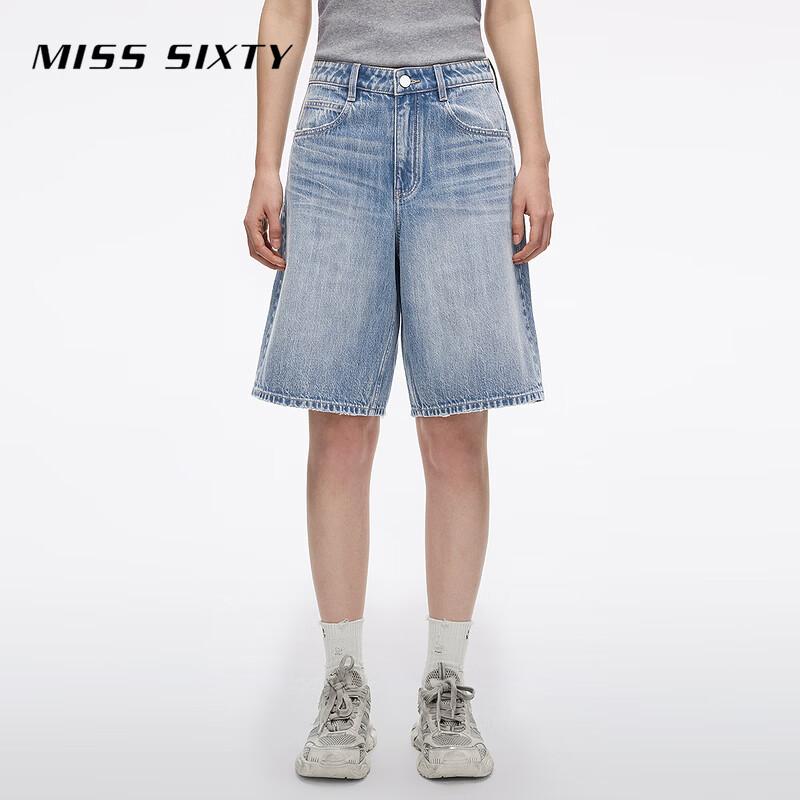 

MISS SIXTY Women s Mid-Waist Distressed Wide-Leg Denim Shorts 28