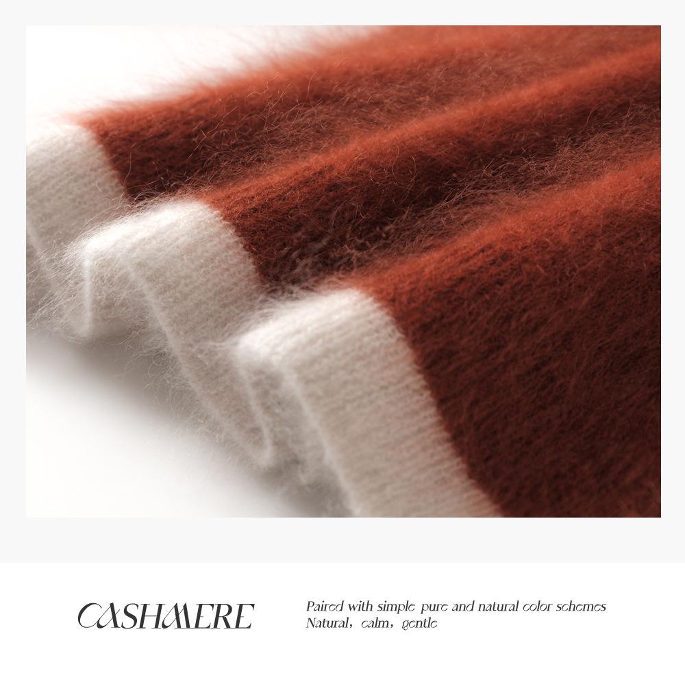Women's 100% Cashmere Color Block Round Neck Pullover Sweater - Autumn/Winter Seven Gauge Single Ply Loose Fit