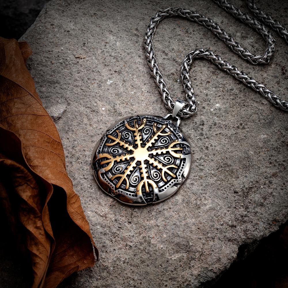 Never Fade Vikings Compass Necklaces Gold Color Stainless Steel Norse Rune Trident Pendant Vegvisir Amulet Vintage Jewelry Gifts