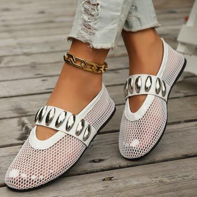 2024 Moda Verano Color Sólido Malla Transpirable Zapatos Planos para Mujer Decoración Metálica Tacones Bajos Boca Baja Zapatos De Mujer