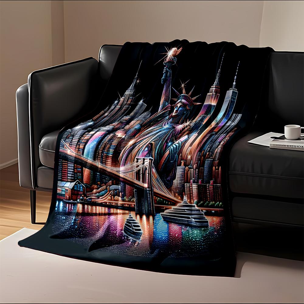 Colorful Statue of Liberty with NYC Skyline Flannel Blanket for Bedroom, Living Room, Sofa, and Nap Sofas.