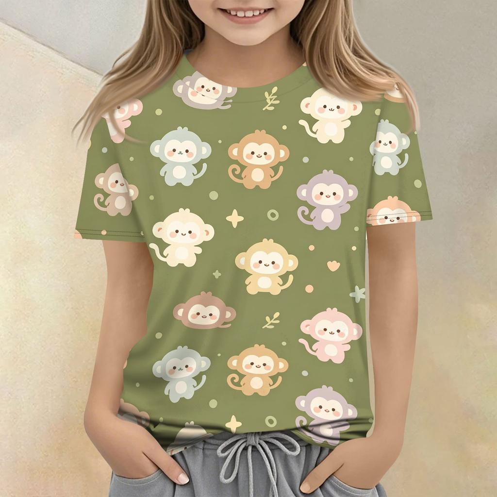 Kids Animal Print Crew Neck Short Sleeve Casual Loose Fit T Shirt Comfortable Cotton Blend Fabric Soft Texture Summer Wear