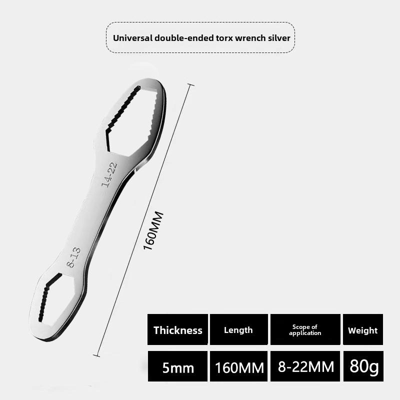 

Многоцелевой черный гаечный ключ Torx толщиной 5 мм, регулируемый самозатягивающийся двухсторонний гаечный ключ 8-22mm серебряный
