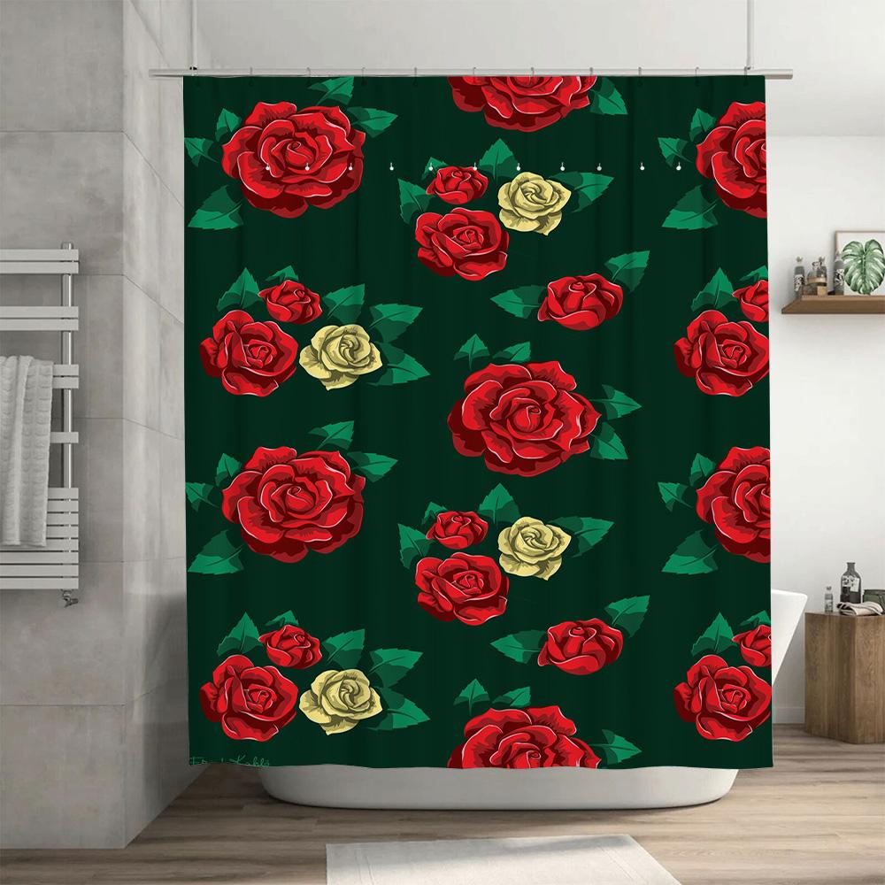 Red Roses Shower Curtain Waterproof Fabric Bathroom Decor with Green Leaves Modern Kitchen Design Flower Print Wall Hanging Size