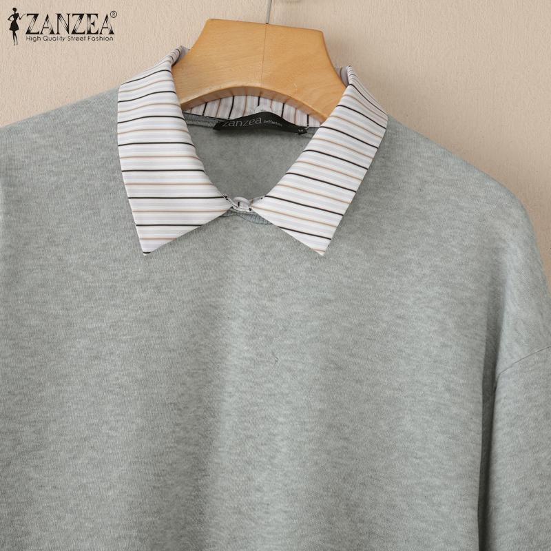 ZANZEA Women Stripe Splice Turn Down Collar Long Sleeve Thin Pullover Sweatshirt