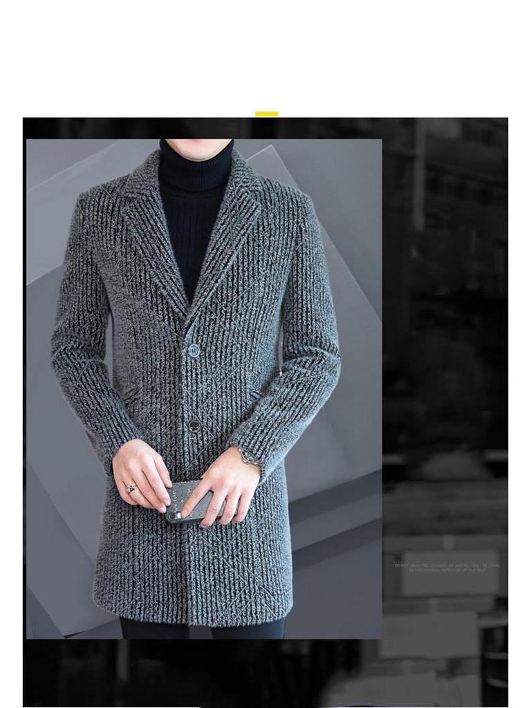Men's Striped Mid-Length Overcoat Suit Collar Trench Coat, 2023 Autumn/Winter, Youth Plus Cotton, Thickened.