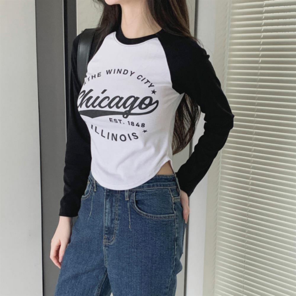 New Arrivals Open Run Women LeTTering Raglan Color Block Long Sleeve T shirT