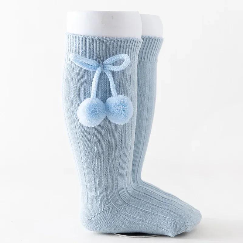 Autumn Winter Kawaii Baby Stockings Cotton British Princess Knee High Long Bow Pom Tube Socks for Girls Knitted Sock Warmer 0-4y