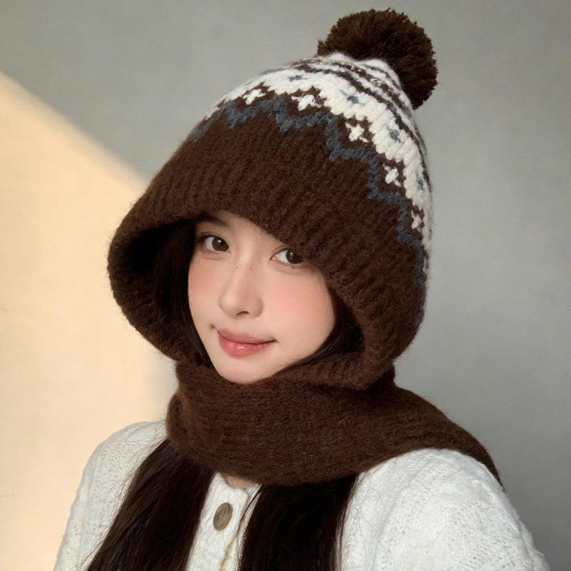

Hat and scarf integrated women s autumn and winter thickened warm and cold hooded scarf ear protection M（56-58cm） кофейный