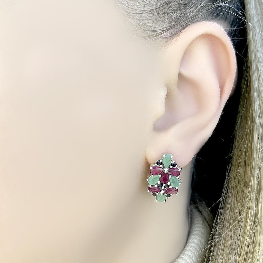 Silver Earrings with 6.029ct Natural Sapphire, Ruby, Emerald (2112419)