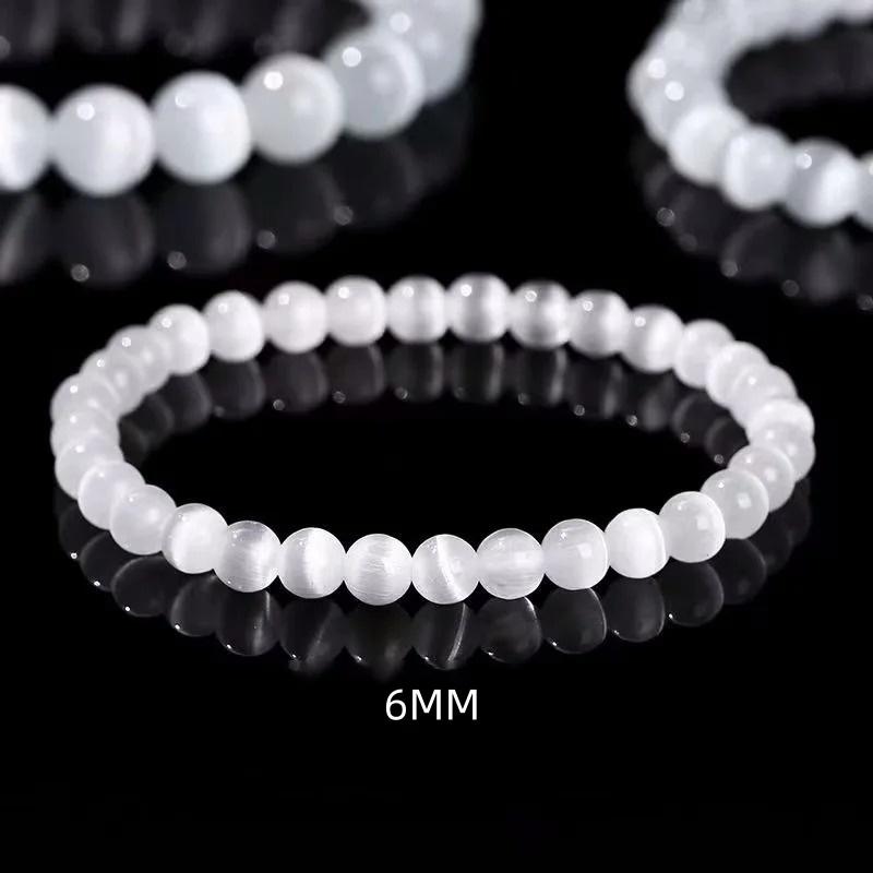 Natural White Cat Eyes Stone Bracelet Women 6/8/10mm Smooth Beaded Braslet Gifts For Lovers Moonstone Braclet