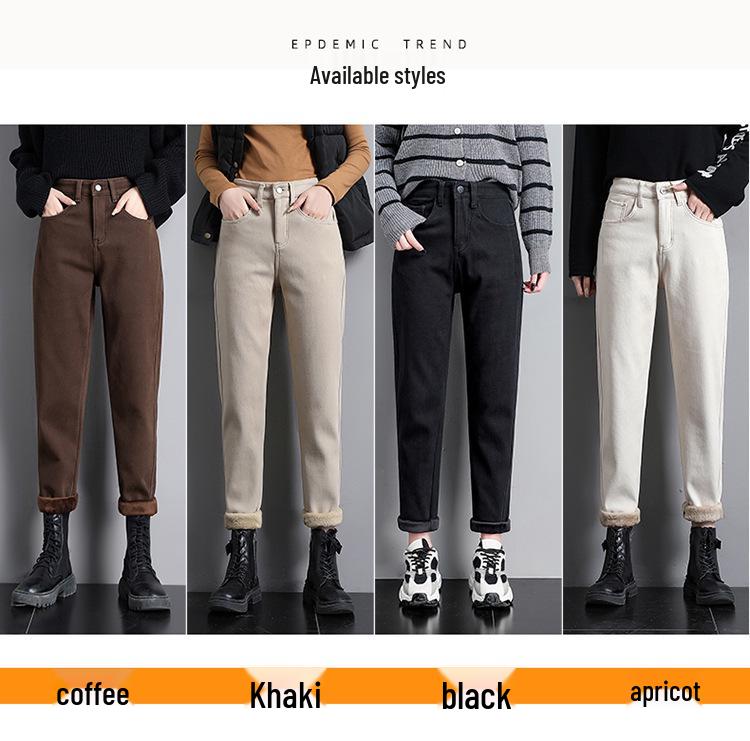 Coffee Brown Women's High-Waisted Velvet-Lined Loose Jeans - Winter 2025 Harajuku Style Trousers