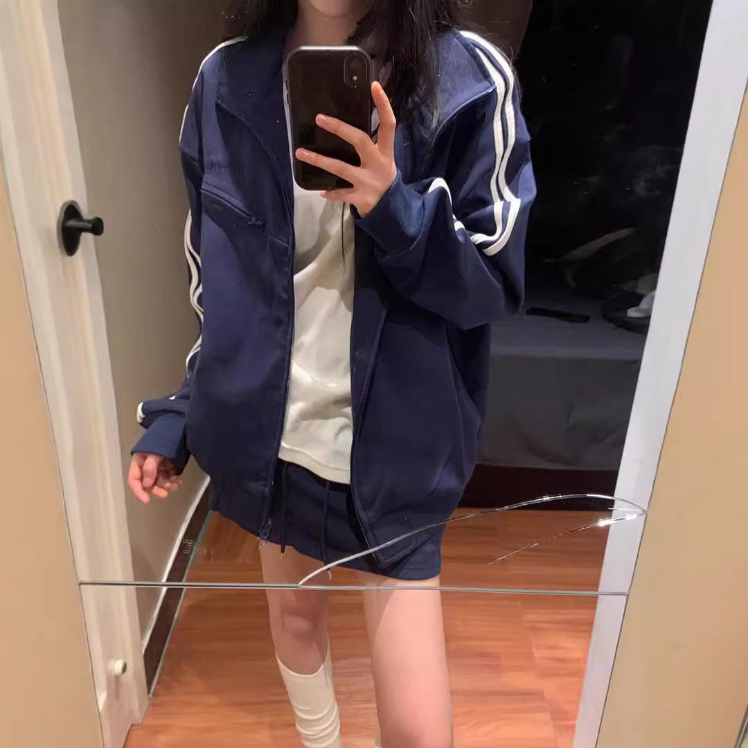 

Ретро-сращивание полосатый свитер со стоячим воротником женский весна-осень свободный высококачественный Sense уникальный универсальный кардиган куртка 2XL