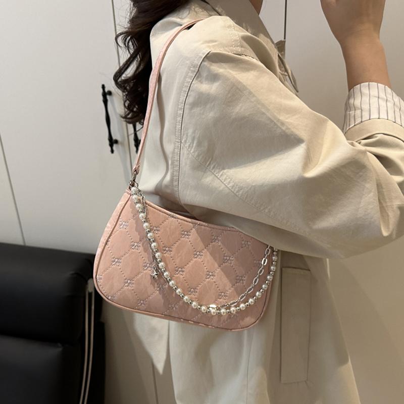 Bow Embroidery Women's Phone Shoulder Bags Thread Design Casual Ladies Underarm Bag Portable Pearl Chain Handbags Purse