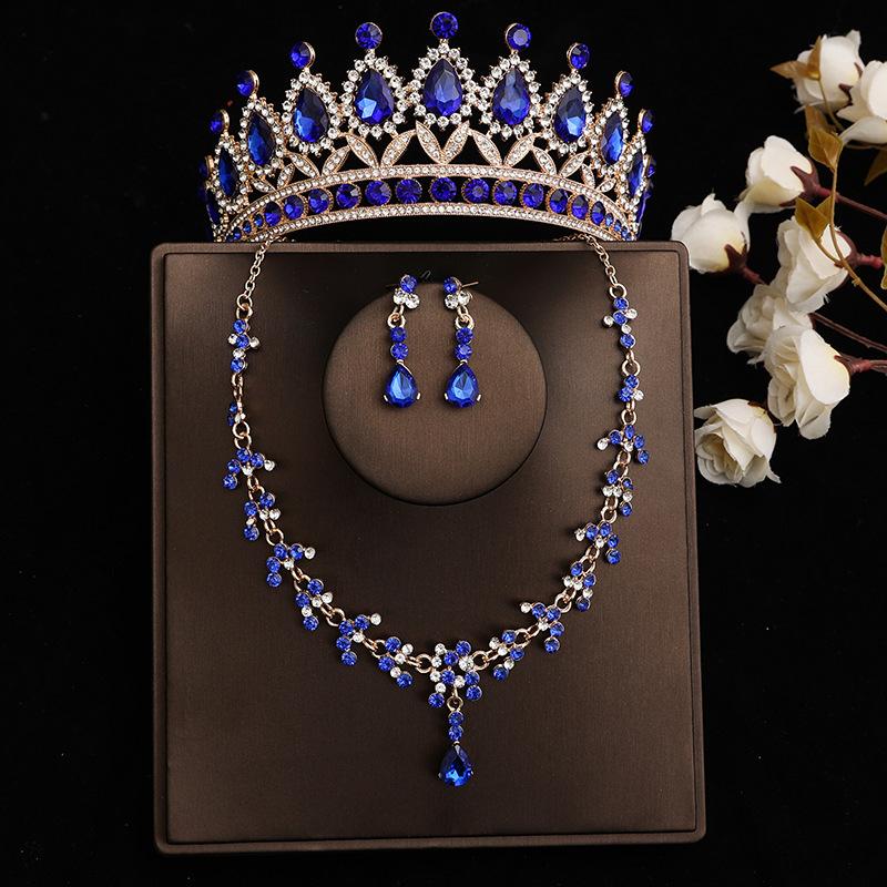 DIEZI Princess Bridal Rose Red Crystal Crown Tiara Women Girls Wedding Party Rhinestone Tiaras Necklace Earrings Jewelry Sets