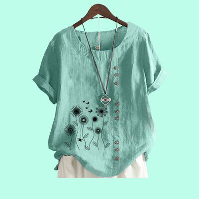 Blusa Casual Feminina Estampa Floral Solta Laides Algodão Linho Top Moda Camiseta Manga Curta